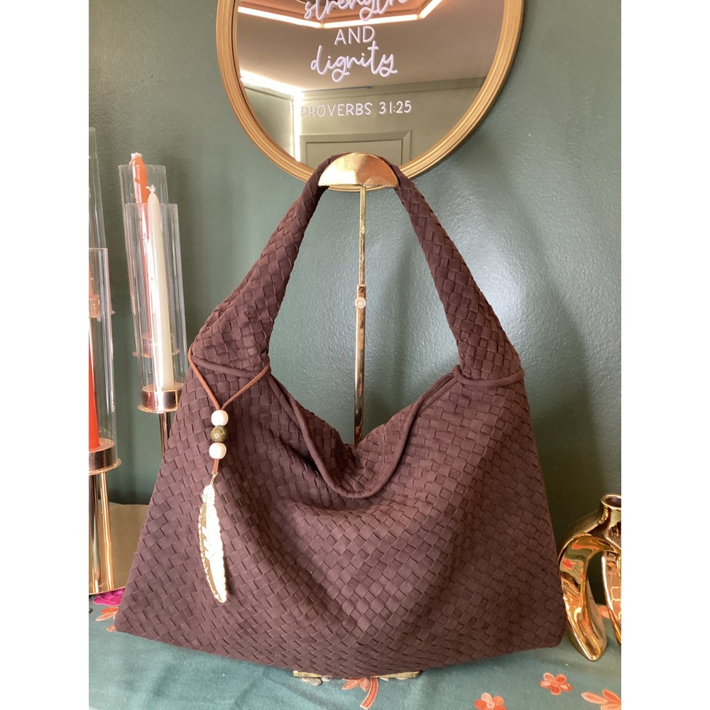 Luxury‎ Faux Suede Woven Hobo Shoulder Bag Chocolate Brown Chic Everyday